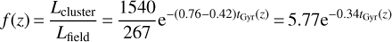 Mathematical equation: $ \begin{aligned} f(z)\,{=}\,{L_\mathrm{cluster} \over L_\mathrm{field}}\,{=}\,{1540 \over 267} {\text{ e}}^{-(0.76{-}0.42)t_\mathrm{Gyr}(z)}\,{=}\,5.77 {\text{ e}}^{-0.34t_\mathrm{Gyr}(z)} \end{aligned} $