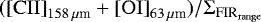 Mathematical equation: $(\mathrm{[CII]}_{158\,{\mu {\textrm{m}}}}+\mathrm{[OI]}_{63\,{\mu {\textrm{m}}}})/\mathrm{\Sigma}_{\mathrm{\textrm{FIR}_{range}}}$