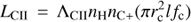 Mathematical equation: \begin{equation}{L_{{\text{CII}}}} = {\Lambda _{{\text{CII}}}}{n_{\text{H}}}{n_{{\text{C + }}}}(\pi r_{\text{c}}^2l\ {f_{\text{c}}})\end{equation}