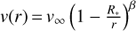 Mathematical equation: $v(r) = {v_\infty }{\left( {1 - \frac{{{R_*}}}{r}} \right)^\beta }$