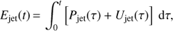 Mathematical equation: $$\begin{equation}E_{\rm jet}(t)\,{=}\,\int_{0}^t \left[ P_{\rm jet}(\tau)+U_{\rm jet}(\tau)\right] \ {\rm d}\tau, \end{equation}$$