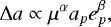 Mathematical equation: \begin{equation*} \mathrm\Delta a \propto \mu^{\alpha} a_p e_p^{\beta}, \end{equation*}