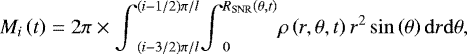 Mathematical equation: \begin{eqnarray*}M_{i} \left(t\right)= 2\pi \times {\int}_{(i-3/2)\pi/l}^{(i-1/2)\pi/l} {\int}_0^{R_{\mathrm{SNR}}\left(\theta,t\right)}\rho\left(r,\theta,t\right)r^2 \sin\left(\theta\right) \mathrm{d}r \mathrm{d}\theta, \end{eqnarray*}