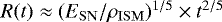 Mathematical equation: $R(t) \approx (E_{\mathrm{SN}}/\rho_{\mathrm{ISM}})^{1/5}\times t^{2/5}$
