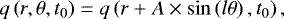 Mathematical equation: \begin{eqnarray*}q\left(r,\theta,t_0\right) = q\left( r + A \times \sin\left( l \theta \right) , t_0 \right), \end{eqnarray*}