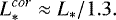 Mathematical equation: \begin{equation*} L_{*}^{cor}\approx L_*/1.3 .\end{equation*}