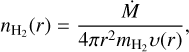 Mathematical equation: $$ n_{{\mathrm H}_2}{(r)}=\frac{\dot M}{4\pi r^2m_{{\mathrm H}_2}\upsilon{(r)}}, $$