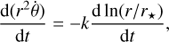 Mathematical equation: $ \begin{equation} \frac{\mathrm{d}(r^2\dot{\theta})}{\mathrm{d}t} = -k\frac{\mathrm{d}\, \ln(r/r_\star)}{\mathrm{d}t}, \end{equation} $