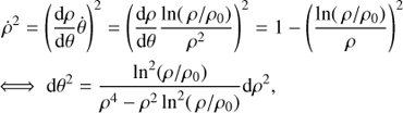 Mathematical equation: $ \begin{equation}\begin{aligned}&\dot{\rho}^2 = \left(\frac{\mathrm{d}\rho}{\mathrm{d}\theta}\dot{\theta}\right)^2 = \left(\frac{\mathrm{d}\rho}{\mathrm{d}\theta}\frac{\ln({\rho}/\rho_0)}{\rho^2}\right)^2 = 1 - \left(\frac{\ln({\rho}/\rho_0)}{\rho}\right)^2 \\ &\iff \mathrm{d}\theta^2 = \frac{\ln^2({\rho}/\rho_0)}{\rho^4-\rho^2\ln^2({\rho}/\rho_0)}\mathrm{d}\rho^2,\end{aligned}\end{equation} $