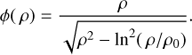Mathematical equation: $$ \begin{equation} \phi(\rho) = \frac{\rho}{\sqrt{\rho^2-\ln^2(\rho/\rho_0)}}.\end{equation} $$