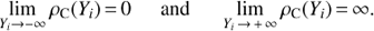 Mathematical equation: $ \begin{equation} \lim\limits_{Y_i\rightarrow -\infty} \rho_{\rm C}(Y_i) {=} 0 \hspace{0.5cm}\text{and}\hspace{0.5cm} \lim\limits_{Y_i {\rightarrow} {+} \infty} \rho_{\rm C}(Y_i) {=} \infty. \end{equation} $