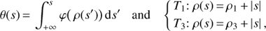 Mathematical equation: $ \theta (s)=\int_{+\infty }^{s}{\varphi }(\rho ({s}'))\text{d}{s}' \quad \text{and} \quad \left\{ \begin{array}{*{35}{l}} {{\text{T}}_{\text{1}}}:\rho (\text{s})\text{=}{{\rho }_{\text{1}}}\text{+ }\!\!|\!\!\text{ s }\!\!|\!\!\text{ } \\ {{\text{T}}_{\text{3}}}:\rho (\text{s})\text{=}{{\rho }_{\text{3}}}\text{+ }\!\!|\!\!\text{ s }\!\!|\!\!\text{ }, \\ \end{array} \right. $