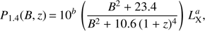Mathematical equation: $ \begin{aligned} P_\mathrm{1.4} (B,z)\,{=}\,10^b\,\left( \frac{B^2 + 23.4}{B^2 + 10.6 \, (1+z)^4} \right) \, L^{a}_\mathrm{X} , \end{aligned} $