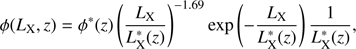 Mathematical equation: $ \begin{aligned} \phi (L_\mathrm{X}, z) = \phi ^*(z) \left(\frac{L_\mathrm{X}}{L_\mathrm{X}^*(z)} \right)^{-1.69} \exp \left(-\frac{L_\mathrm{X}}{L_\mathrm{X}^*(z)} \right) \frac{1}{L_\mathrm{X}^*(z)} , \end{aligned} $