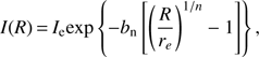 Mathematical equation: $$ \begin{equation} I(R)\,{=}\,I_{\rm e} \mathrm{exp} \left\{ -b_{\rm n} \left[ \left(\frac{R}{r_e} \right)^{1/n} -1 \right] \right\},\end{equation} $$