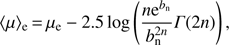 Mathematical equation: $$ {\langle\mu\rangle}_\mathrm e=\mu_\mathrm e-2.5\log{\left(\frac{n\mathrm e^{b_\mathrm n}}{b_\mathrm n^{2n}}\mathrm\Gamma{(2n)}\right)}, $$
