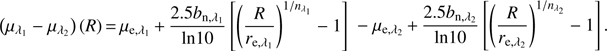 Mathematical equation: $$ {(\mu_{\lambda_1}-\mu_{\lambda_2})}{(R)}=\mu_{\mathrm e,\lambda_1}+\frac{2.5b_{\mathrm n,\lambda_1}}{\ln10}{\left[{\left(\frac R{r_{\mathrm e,\lambda_1}}\right)}^{1/n_{\lambda_1}}-1\right]}-\mu_{\mathrm e,\lambda_2}+\frac{2.5b_{\mathrm n,\lambda_2}}{\ln10}{\left[{\left(\frac R{r_{\mathrm e,\lambda_2}}\right)}^{1/1/n_{\lambda_2}}-1\right]}. $$