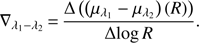 Mathematical equation: $$ \nabla_{\lambda_1-\lambda_2}=\frac{\mathrm\Delta{({(\mu_{\lambda_1}-\mu_{\lambda_2}){(R)}})}}{\mathrm\Delta\log R}. $$