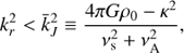 Mathematical equation: $ \begin{aligned} k_r^{2}< \bar{k}_J^{2}\equiv \frac{4\pi G{\rho_{0}}-\kappa ^{2}}{\nu_\mathrm{{s}}^{2}+\nu_\mathrm{{A}}^{2}}, \end{aligned} $