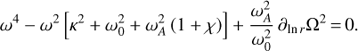 Mathematical equation: $ \begin{aligned} \omega ^{4}-\omega ^{2}\left[\kappa ^{2}+\omega_{0}^{2}+\omega_{A}^{2}\left(1+\chi \right)\right]+\frac{\omega_{A}^{2}}{\omega_{0}^{2}}\,\partial_{\ln {r}}{\Omega}^{2}\,{=}\,0. \end{aligned} $