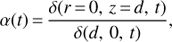 Mathematical equation: $ \begin{aligned} \alpha (t)\,{=}\,\frac{\delta (r\,{=}\,0,\,z\,{=}\,d,\,t)}{\delta (d,\,0,\,t)}, \end{aligned} $