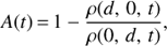 Mathematical equation: $ \begin{aligned} A(t)\,{=}\,1-\frac{\rho (d,\,0,\,t)}{\rho (0,\,d,\,t)}, \end{aligned} $
