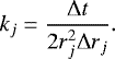 Mathematical equation: \begin{equation*} k_j = \frac{ {\mathrm{\Delta}} t }{ 2 r_j^2 {\mathrm{\Delta}} r_j } . \end{equation*}