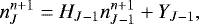 Mathematical equation: \begin{equation*}n_{J}^{n+1} = H_{J-1} n_{J-1}^{n+1} + Y_{J-1} , \end{equation*}