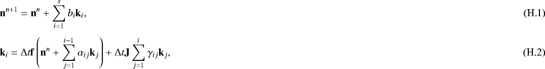 Mathematical equation: \begin{eqnarray}&& \mathbf{n}^{n+1} = \mathbf{n}^{n} + \sum\limits_{i=1}^s b_i \mathbf{k}_i, \\ [3pt]&& \mathbf{k}_i = {\mathrm{\Delta}} t \mathbf{f}\left( \mathbf{n}^{n} + \sum\limits_{j=1}^{i-1} \alpha_{ij} \mathbf{k}_j \right) + {\mathrm{\Delta}} t \mathbf{J} \sum\limits_{j=1}^i \gamma_{ij} \mathbf{k}_j, \end{eqnarray}