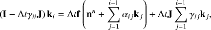 Mathematical equation: \begin{equation*}\left( \mathbf{I} - {\mathrm{\Delta}} t \gamma_{ii} \mathbf{J} \right) \mathbf{k}_i = {\mathrm{\Delta}} t \mathbf{f}\left( \mathbf{n}^{n} + \sum\limits_{j=1}^{i-1} \alpha_{ij} \mathbf{k}_j \right) + {\mathrm{\Delta}} t \mathbf{J} \sum\limits_{j=1}^{i-1} \gamma_{ij} \mathbf{k}_j, \end{equation*}