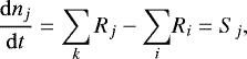 Mathematical equation: \begin{equation*}\frac{{\rm{d}} n_j}{{\rm{d}}t} = \sum\limits_k R_j - {\sum\limits_i} R_i = {S_{j}}, \end{equation*}