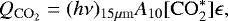 Mathematical equation: \begin{equation*}Q_{\mathrm{CO}_2} = (h\nu)_{15\mu \mathrm{m} } A_{10} [ \mathrm{CO}_2^* ] \epsilon , \end{equation*}