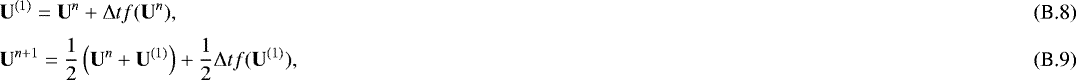 Mathematical equation: \begin{eqnarray}&& \mathbf{U}^{(1)} = \mathbf{U}^{n} + {\mathrm{\Delta}} t f(\mathbf{U}^{n}) , \\ [3pt]&& \mathbf{U}^{n+1} = \frac{1}{2} \left( \mathbf{U}^{n} + \mathbf{U}^{(1)} \right) + \frac{1}{2} {\mathrm{\Delta}} t f(\mathbf{U}^{(1)}) , \end{eqnarray}