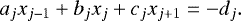 Mathematical equation: \begin{equation*}a_j x_{j-1} + b_j x_j + c_j x_{j+1} = - d_j. \end{equation*}