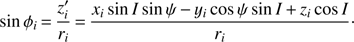 Mathematical equation: $$ \begin{aligned} \sin \phi _i\,{=}\,\frac{{z}_i^\prime }{{r}_i}\,{=}\,\frac{{x}_i \sin I \sin \psi \,{-}\,{y}_i \cos \psi \sin I\,{+}\,{z}_i \cos I}{{r}_i}\cdot \end{aligned} $$