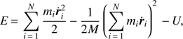 Mathematical equation: $$ \begin{aligned} E\,{=}\,\sum _{i\,{=}\,1}^N \frac{m_i\dot{{\boldsymbol{r}}}_i^2}{2}\,{-}\,\frac{1}{2M}\left(\sum _{i\,{=}\,1}^N m_i\dot{{\boldsymbol{r}}}_i \right)^2\,{-}\,U, \end{aligned} $$