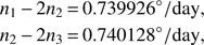 Mathematical equation: $$ \begin{aligned} n_1\,{-}\,2n_2& \,{=}\,0.739926^{\circ }/\mathrm{day},\nonumber \\ n_2\,{-}\,2n_3& \,{=}\,0.740128^{\circ }/\mathrm{day}, \end{aligned} $$