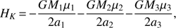Mathematical equation: $$ \begin{aligned} H_K\,{=}\,{-}{{GM_1\mu _1}\over {2a_1}}{-}{{GM_2\mu _2}\over {2a_2}}{-}{{GM_3\mu _3}\over {2a_3}}, \end{aligned} $$