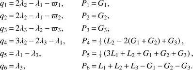 Mathematical equation: $$ \begin{aligned} q_1& \,{=}\,2\lambda _2\,{-}\,\lambda _1\,{-}\,\varpi _1, \quad \quad P_1\,{=}\,G_1, \nonumber \\ q_2& \,{=}\,2\lambda _2\,{-}\,\lambda _1\,{-}\,\varpi _2, \quad \quad P_2\,{=}\,G_2, \nonumber \\ q_3& \,{=}\,2\lambda _3\,{-}\,\lambda _2\,{-}\,\varpi _3, \quad \quad P_3\,{=}\,G_3, \nonumber \\ q_4& \,{=}\,3\lambda _2\,{-}\,2\lambda _3\,{-}\,\lambda _1, \quad \;\;\; P_4\,{=}\,{\scriptstyle {\frac{1}{3}}}\left(L_2-2(G_1\,{+}\,G_2)\,{+}\,G_3\right),\nonumber \\ q_5& \,{=}\,\lambda _1\,{-}\,\lambda _3, \quad \quad \quad \quad \quad \;\, P_5\,{=}\,{\scriptstyle {\frac{1}{3}}}\left(3L_1\,{+}\,L_2\,{+}\,G_1\,{+}\,G_2\,{+}\,G_3\right),\nonumber \\ q_6& \,{=}\,\lambda _3, \quad \quad \quad \quad \quad \quad \quad \quad P_6\,{=}\,L_1\,{+}\,L_2\,{+}\,L_3\,{-}\,G_1\,{-}\,G_2\,{-}\,G_3. \end{aligned} $$