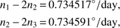 Mathematical equation: $$ \begin{aligned} n_1\,{-}\,2n_2& \,{=}\,0.734517^{\circ }/\mathrm{day},\nonumber \\ n_2\,{-}\,2n_3& \,{=}\,0.734591^{\circ }/\mathrm{day}, \end{aligned} $$