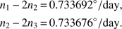Mathematical equation: $$ \begin{aligned} n_1\,{-}\,2n_2& \,{=}\,0.733692^{\circ }/\mathrm{day},\nonumber \\ n_2\,{-}\,2n_3& \,{=}\,0.733676^{\circ }/\mathrm{day}. \end{aligned} $$