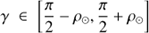 Mathematical equation: $$\gamma \; \in \;\left[ {\frac{\pi }{2}\; - \;{\rho_\odot },\;\frac{\pi }{2}\; + \;{\rho_\odot }} \right]$$