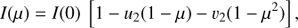 Mathematical equation: $$I(\mu ) = I(0) \, \left[1 - {u_2}(1 - \mu ) - {v_2}(1 - {\mu ^2}) \right],$$