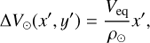 Mathematical equation: $$\Delta {V_ \odot }(x',y') = \frac{{{V_{{\rm{eq}}}}}}{{{\rho_\odot }}}x',$$