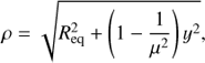 Mathematical equation: $$\rho = \sqrt {R_{eq}^2 + \left( {1 - \frac{1}{{{\mu ^2}}}} \right){y^2}} ,$$