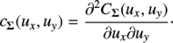 Mathematical equation: $$ {c_{\bf{\Sigma }}}({u_x},{u_y}) = \frac{{{\partial ^2}{C_{\bf{\Sigma }}}({u_x},{u_y})}}{{\partial {u_x}\partial {u_y}}} \cdot $$