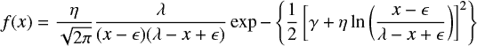 Mathematical equation: $$ \begin{equation} f(x) = \frac{\eta}{\sqrt{2 \pi}} \frac{\lambda}{(x-\epsilon)(\lambda-x+\epsilon)} \exp{-\left\{\frac{1}{2}\left[ \gamma + \eta \ln\left(\frac{x-\epsilon}{\lambda - x + \epsilon}\right) \right]^2\right\}} \label{SB} \end{equation} $$