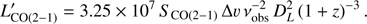 Mathematical equation: $$ L_{\text{CO}{(2-1)}}^'=3.25\times10^7S_{\text{CO}{(2-1)}}\mathrm\Delta\upsilon v_\text{obs}^{-2}D_L^2{(1+z)}^{-3}. $$
