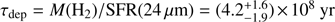 Mathematical equation: $ \textstyle\tau_\text{dep}=M{({\mathrm H}_2)}/\text{SFR}{(24\mu\mathrm m)}={(4.2_{-1.9}^{+1.6})}\times10^8\text{yr} $