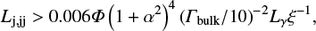 Mathematical equation: $$ \begin{equation} L_{\mathrm{j,jj}}>0.006\mathit{\Phi}\left(1+\alpha^2\right)^4(\mathit{\Gamma}_\mathrm{bulk}/10)^{-2}L_\gamma\xi^{-1}, \end{equation} $$
